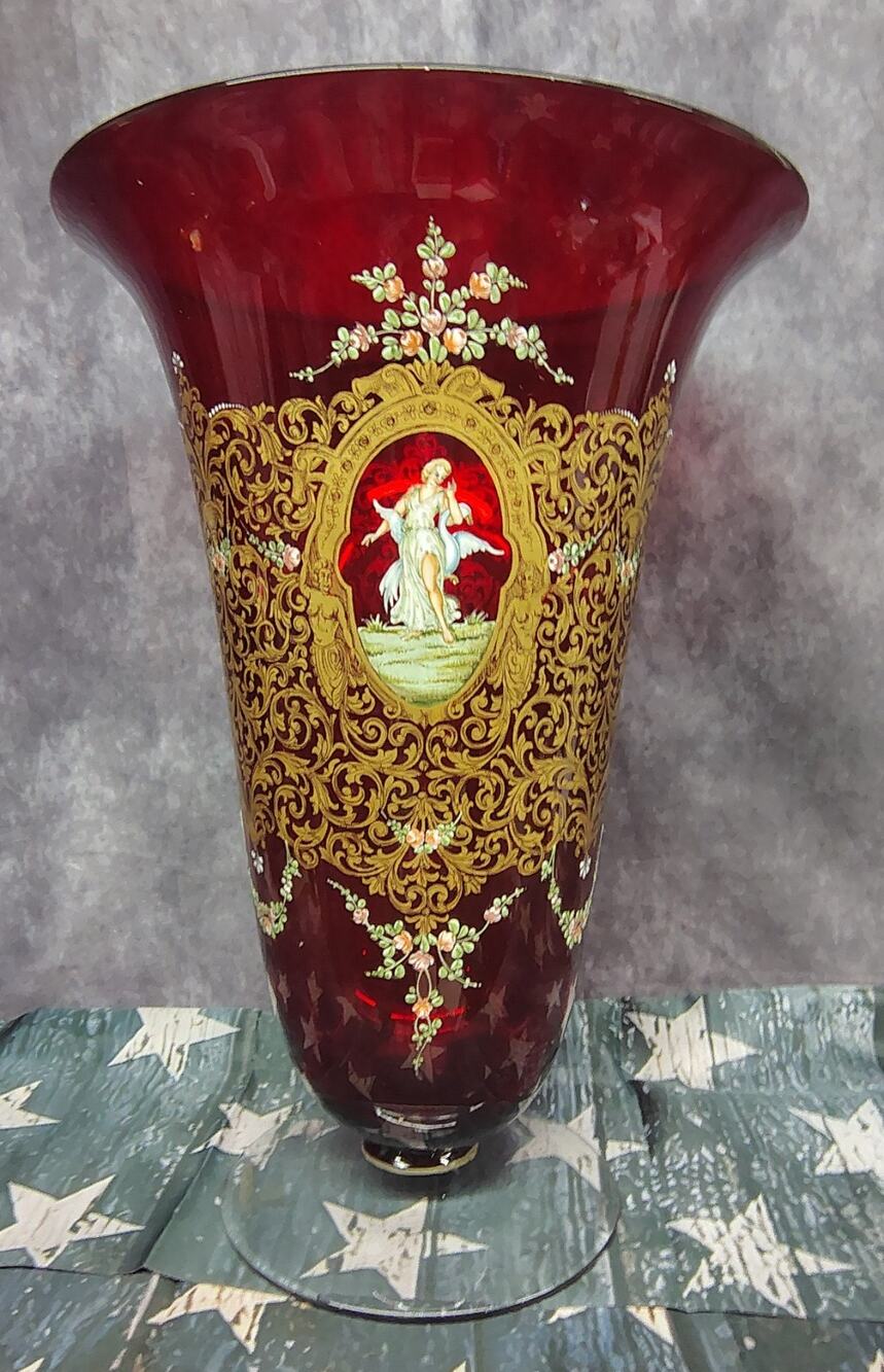 Vintage Cranberry/Gold Bohemian Murano Venetian Art Glass Hand Painted Vase